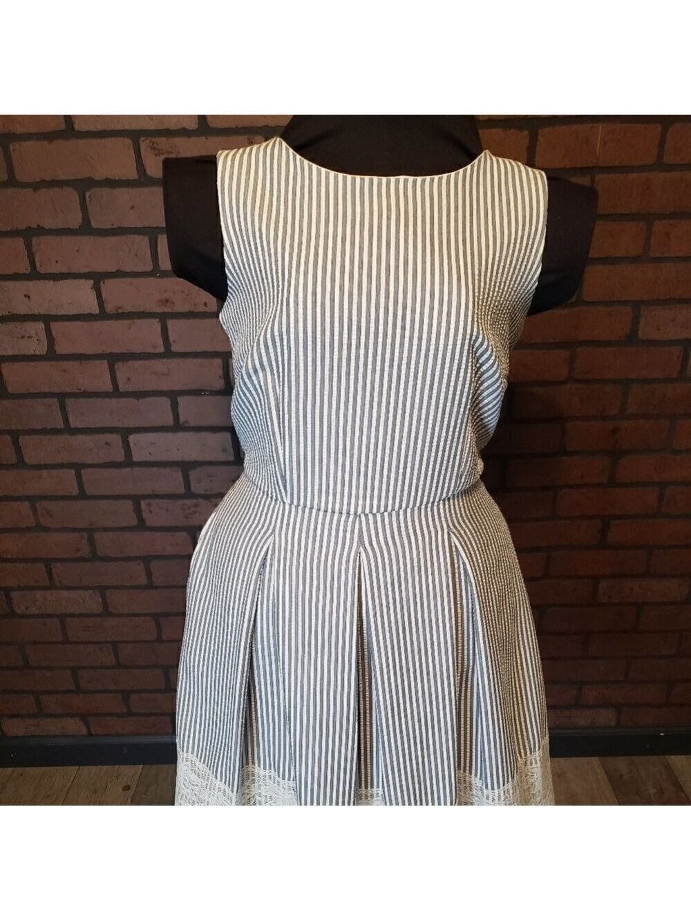 Madison Leigh Blue Seersucker dress with Lace trim